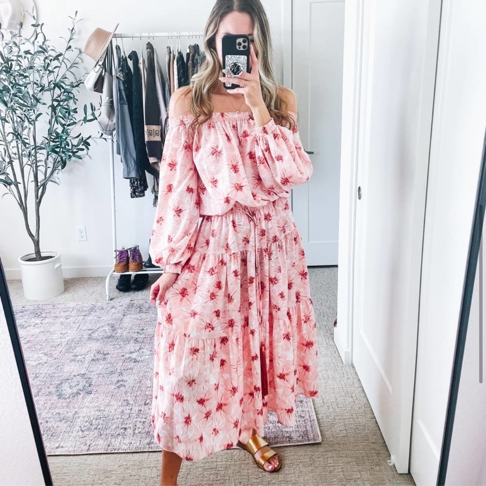 ALEXIS Tilia Pink Floral Off the Shoulder Tiered Midi Dress Size L - Picture 10 of 11